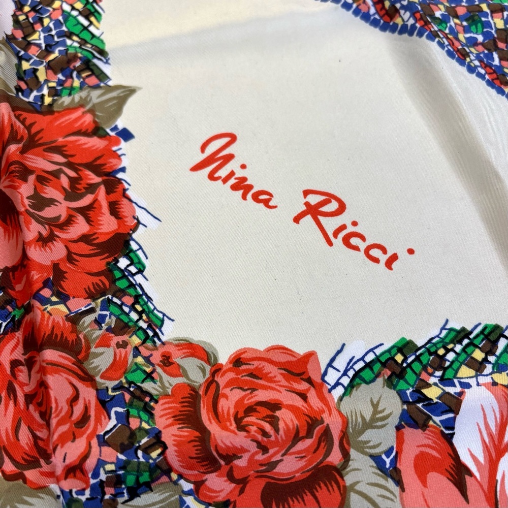 VTG Silk 34" Scarf Nina Ricci Paris Floral Roses Cream Peach Mosaic Head Scarf‎